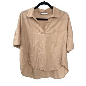 OAK + FORT Cotton Oversized Popover Short Sleeve Blouse Camel M